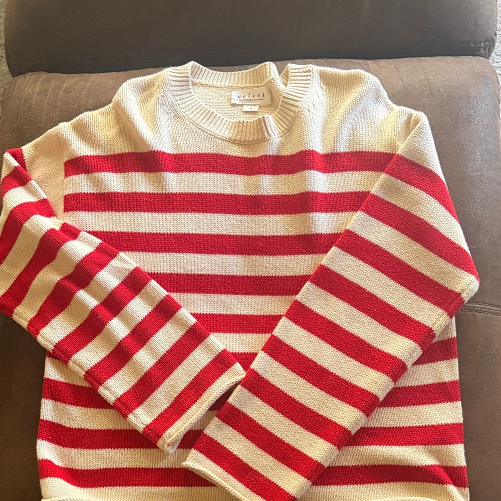 Velvet Red & Cream Striped Crewneck Sweater
